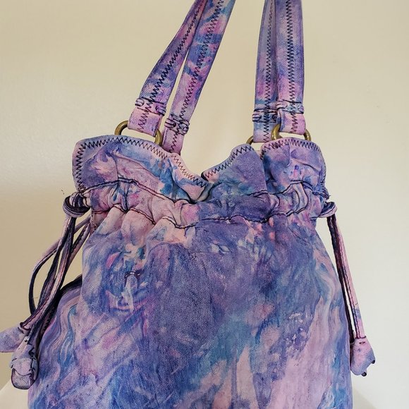 Leather tie dyed Lucky Brand Boho bucket Purse Hobo Bag pink purple blue painted - Picture 4 of 6